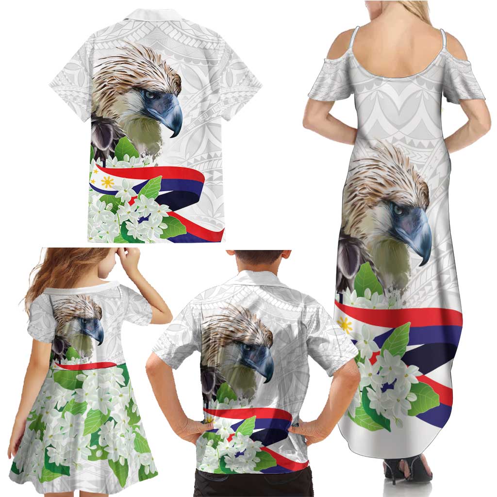 Philippines Eagle and Sampaguita Flowers Family Matching Summer Maxi Dress and Hawaiian Shirt Polynesian Pattern - Wonder Print Shop