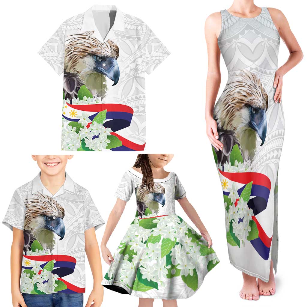 Philippines Eagle and Sampaguita Flowers Family Matching Tank Maxi Dress and Hawaiian Shirt Polynesian Pattern - Wonder Print Shop