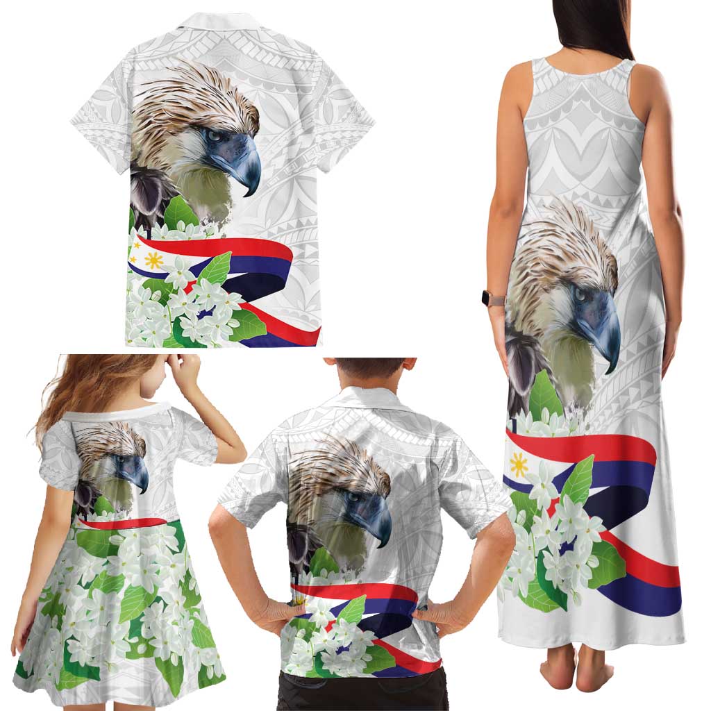 Philippines Eagle and Sampaguita Flowers Family Matching Tank Maxi Dress and Hawaiian Shirt Polynesian Pattern - Wonder Print Shop