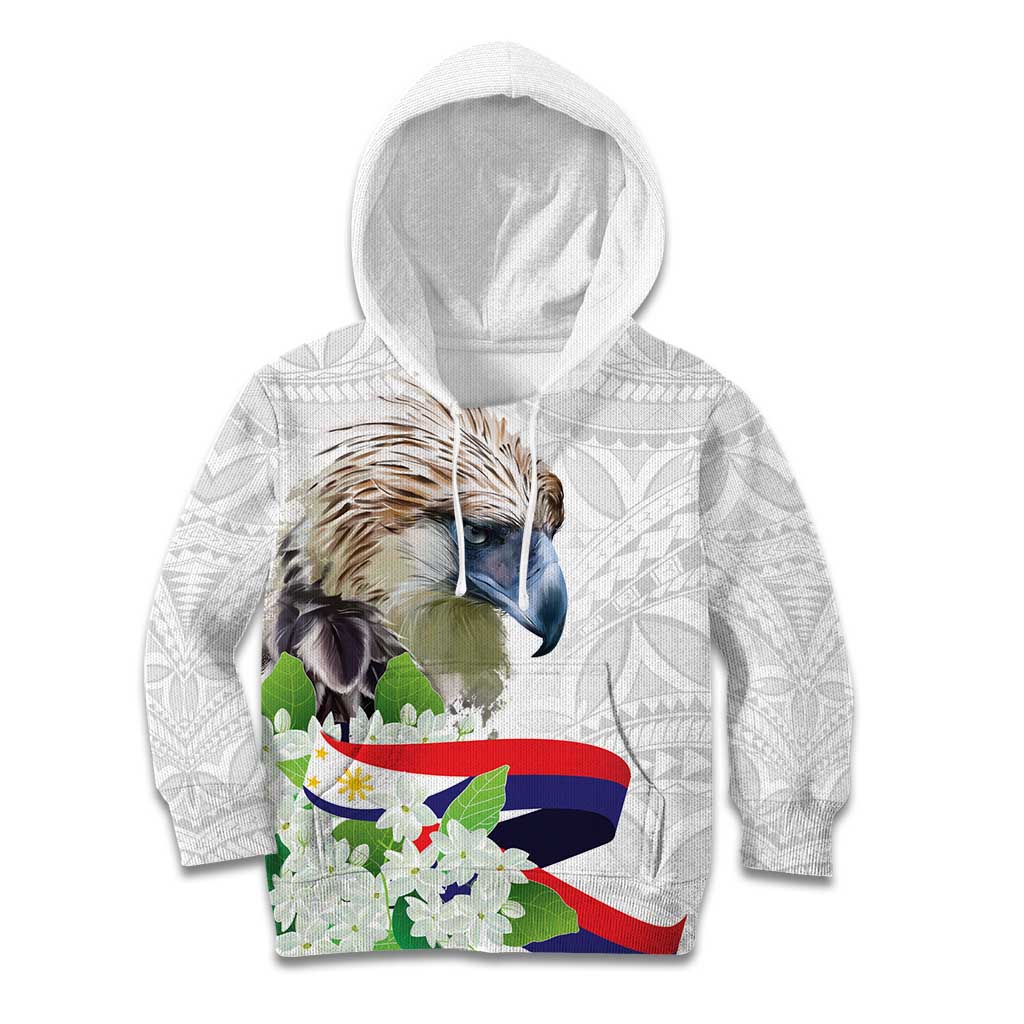 Philippines Eagle and Sampaguita Flowers Kid Hoodie Polynesian Pattern - Wonder Print Shop
