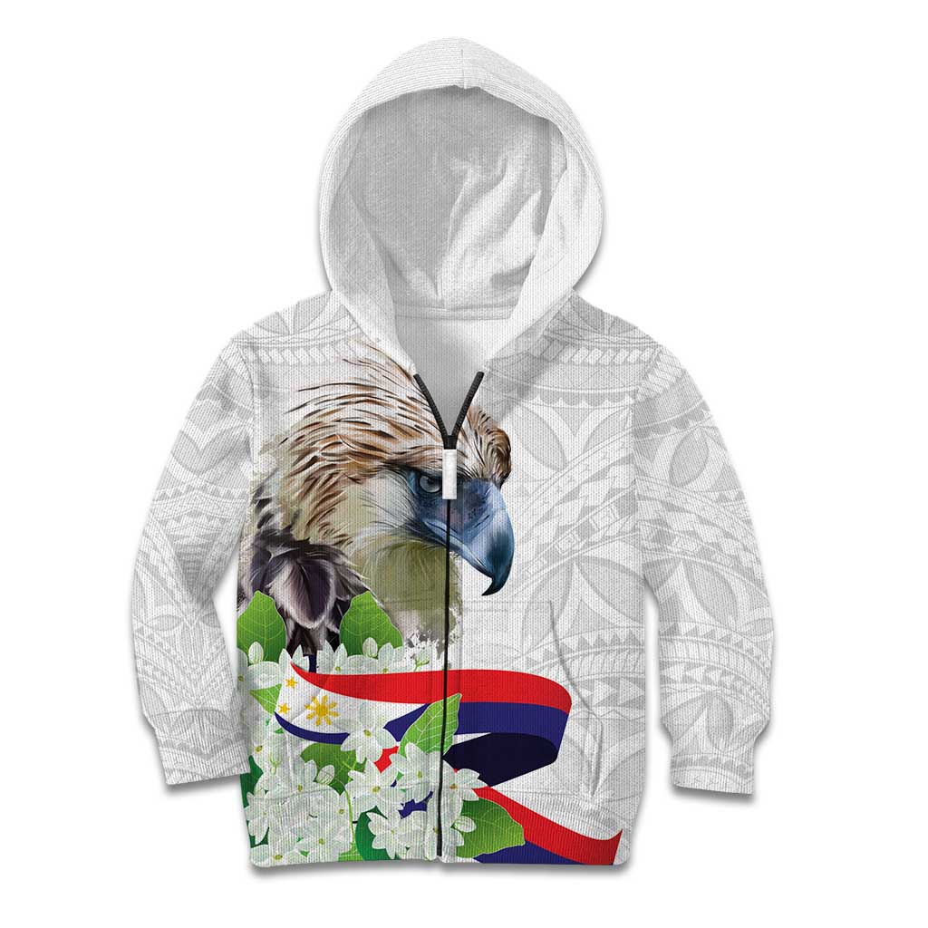 Philippines Eagle and Sampaguita Flowers Kid Hoodie Polynesian Pattern - Wonder Print Shop