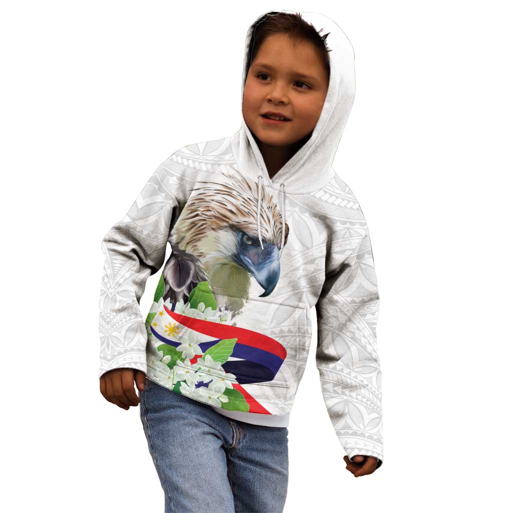 Philippines Eagle and Sampaguita Flowers Kid Hoodie Polynesian Pattern - Wonder Print Shop