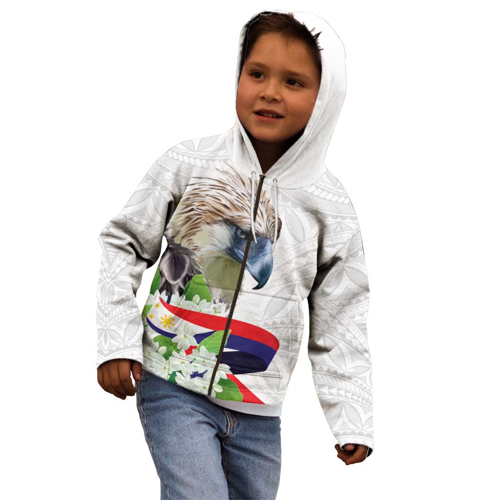 Philippines Eagle and Sampaguita Flowers Kid Hoodie Polynesian Pattern - Wonder Print Shop