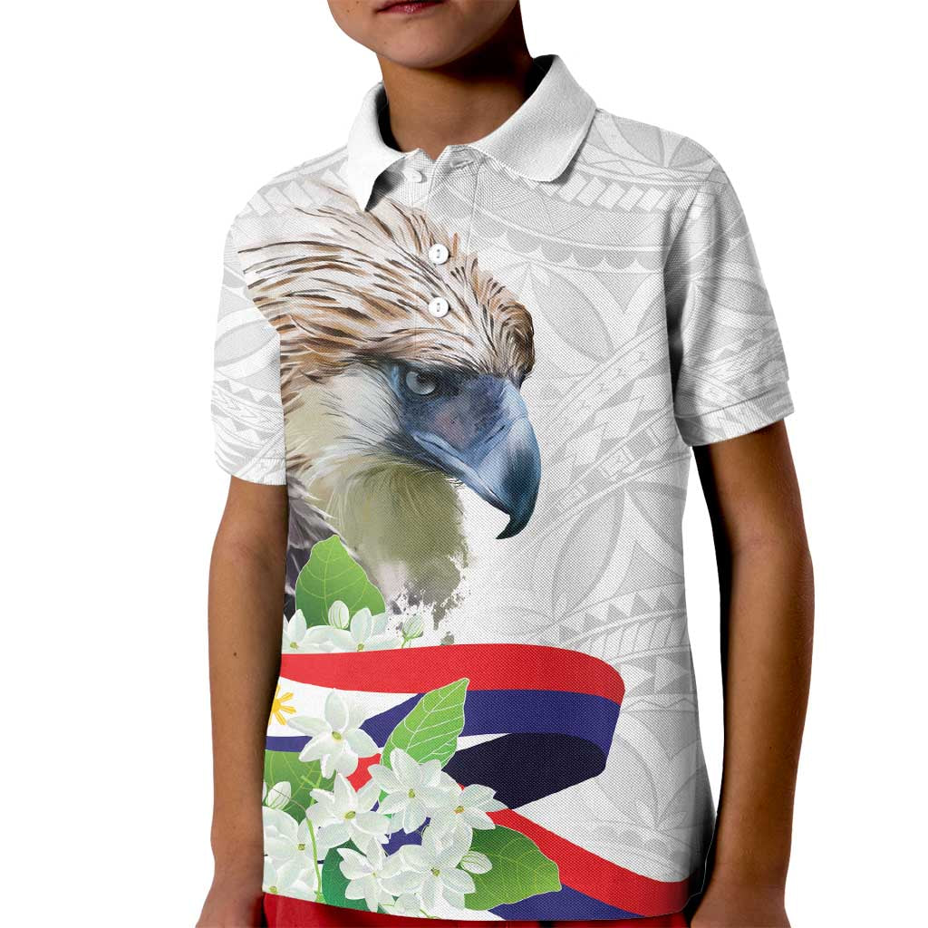 Philippines Eagle and Sampaguita Flowers Kid Polo Shirt Polynesian Pattern - Wonder Print Shop