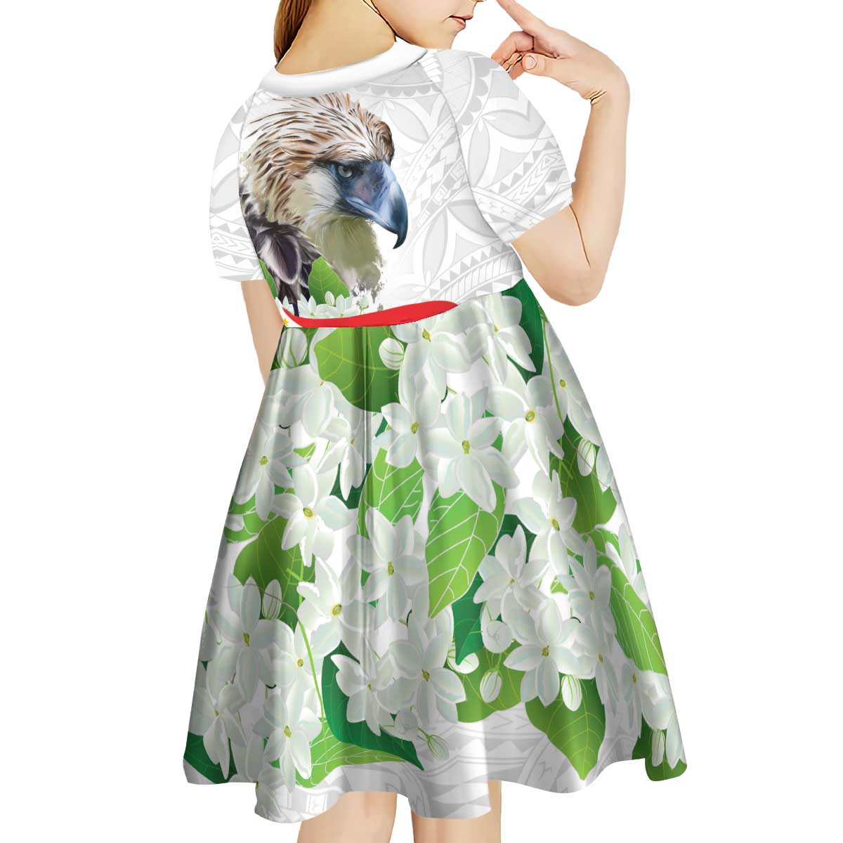 Philippines Eagle and Sampaguita Flowers Kid Short Sleeve Dress Polynesian Pattern - Wonder Print Shop