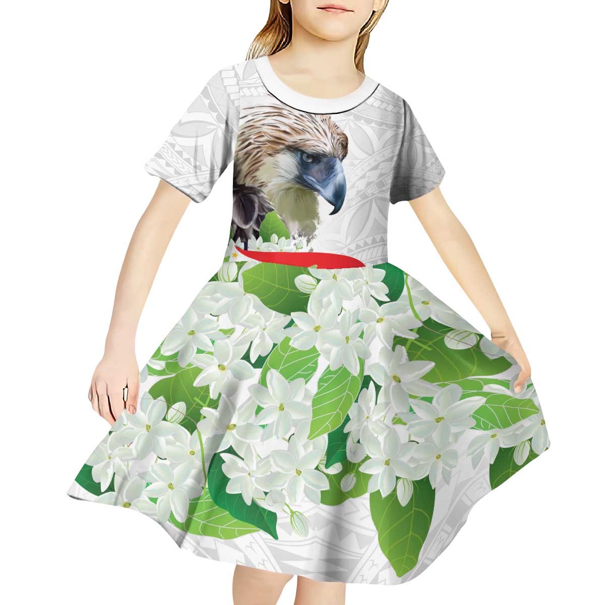 Philippines Eagle and Sampaguita Flowers Kid Short Sleeve Dress Polynesian Pattern - Wonder Print Shop