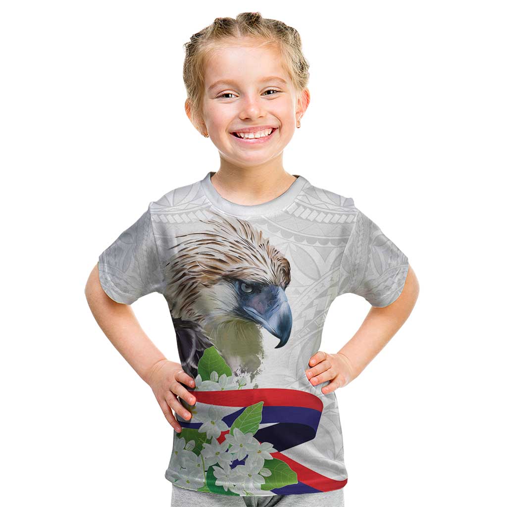 Philippines Eagle and Sampaguita Flowers Kid T Shirt Polynesian Pattern - Wonder Print Shop