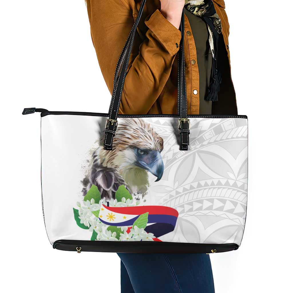 Philippines Eagle and Sampaguita Flowers Leather Tote Bag Polynesian Pattern - Wonder Print Shop