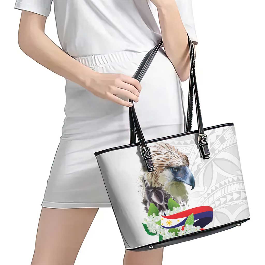 Philippines Eagle and Sampaguita Flowers Leather Tote Bag Polynesian Pattern - Wonder Print Shop