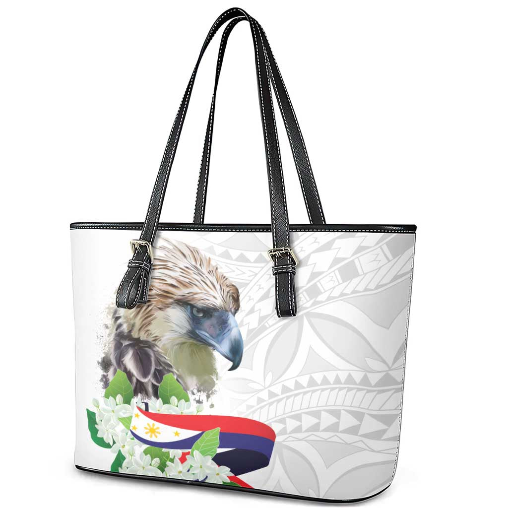 Philippines Eagle and Sampaguita Flowers Leather Tote Bag Polynesian Pattern - Wonder Print Shop