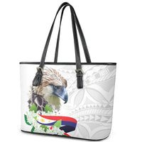 Philippines Eagle and Sampaguita Flowers Leather Tote Bag Polynesian Pattern - Wonder Print Shop