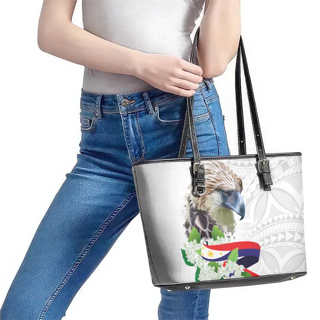 Philippines Eagle and Sampaguita Flowers Leather Tote Bag Polynesian Pattern - Wonder Print Shop