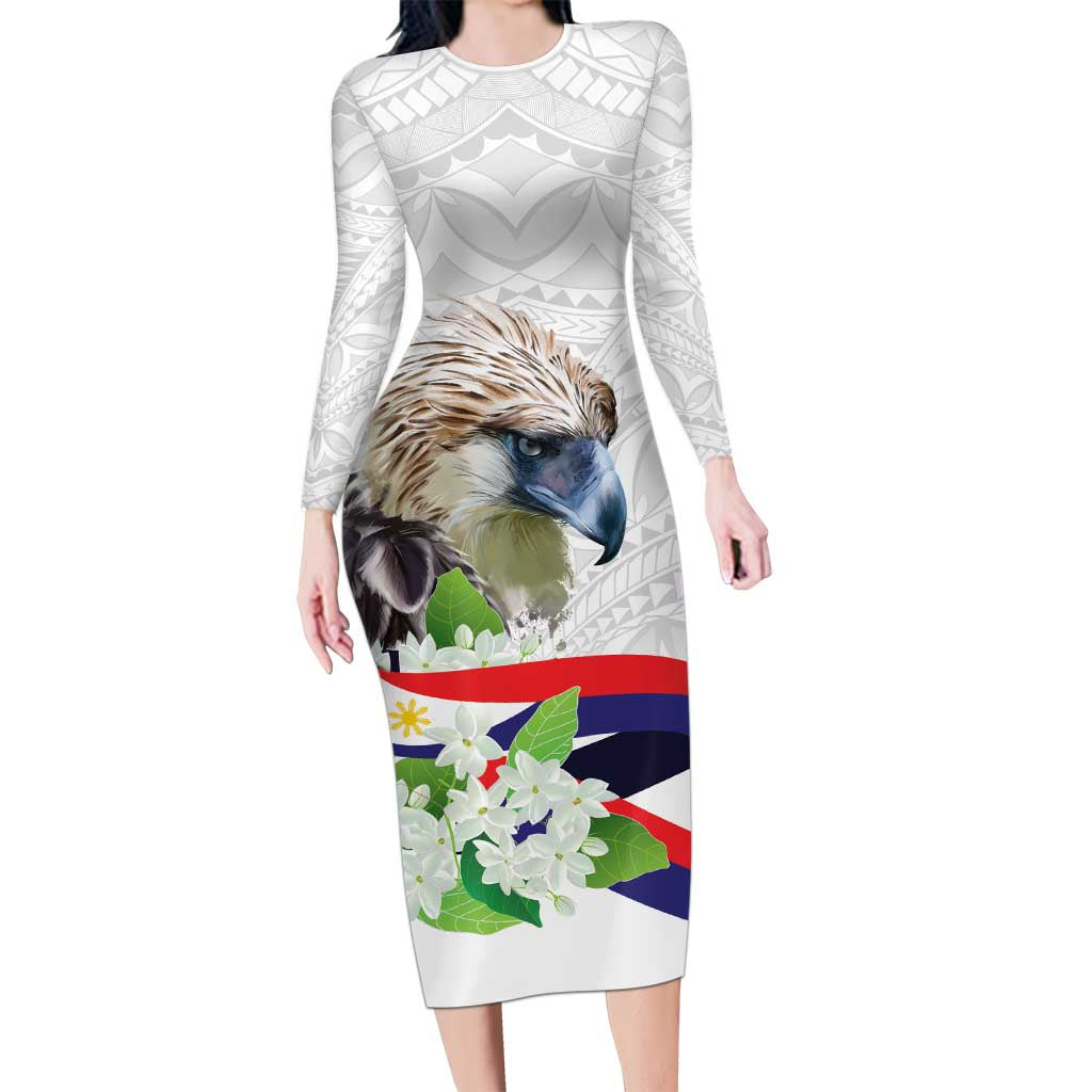 Philippines Eagle and Sampaguita Flowers Long Sleeve Bodycon Dress Polynesian Pattern - Wonder Print Shop