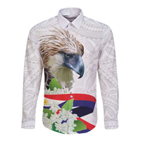 Philippines Eagle and Sampaguita Flowers Long Sleeve Button Shirt Polynesian Pattern - Wonder Print Shop