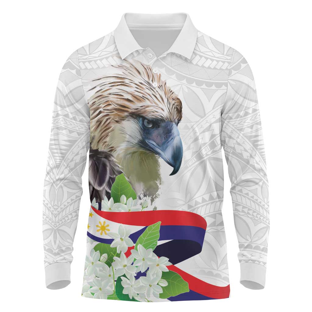 Philippines Eagle and Sampaguita Flowers Long Sleeve Polo Shirt Polynesian Pattern - Wonder Print Shop