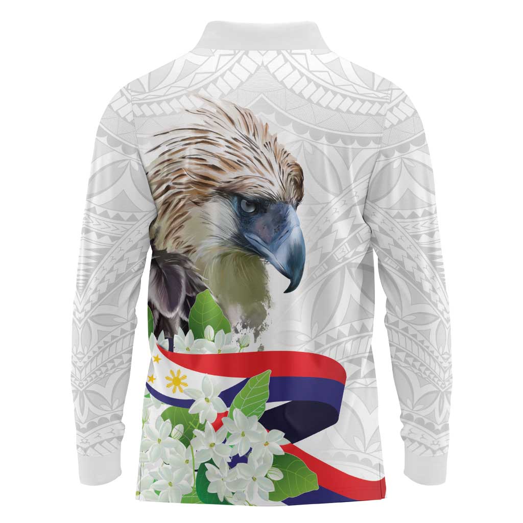 Philippines Eagle and Sampaguita Flowers Long Sleeve Polo Shirt Polynesian Pattern - Wonder Print Shop