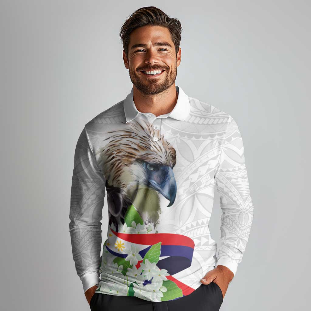 Philippines Eagle and Sampaguita Flowers Long Sleeve Polo Shirt Polynesian Pattern - Wonder Print Shop