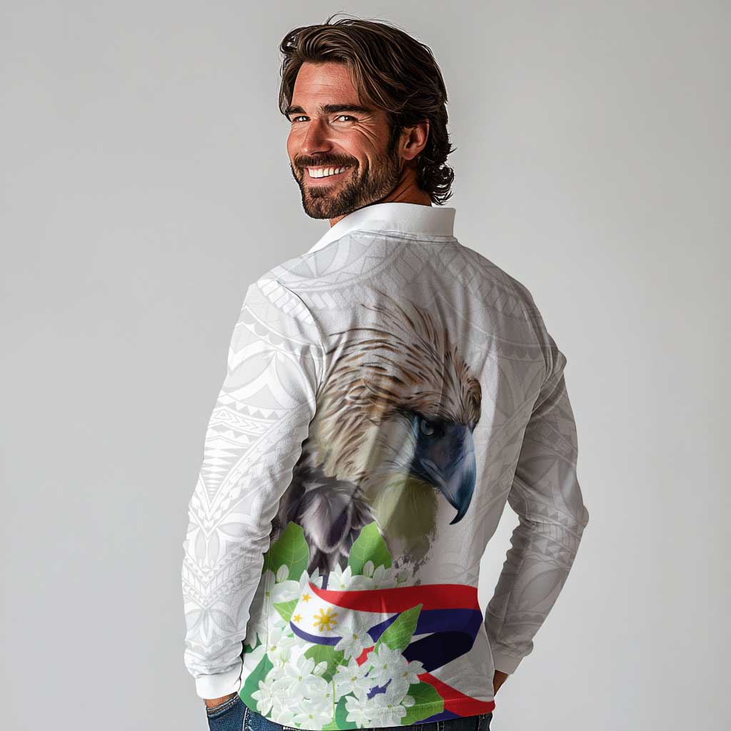 Philippines Eagle and Sampaguita Flowers Long Sleeve Polo Shirt Polynesian Pattern - Wonder Print Shop