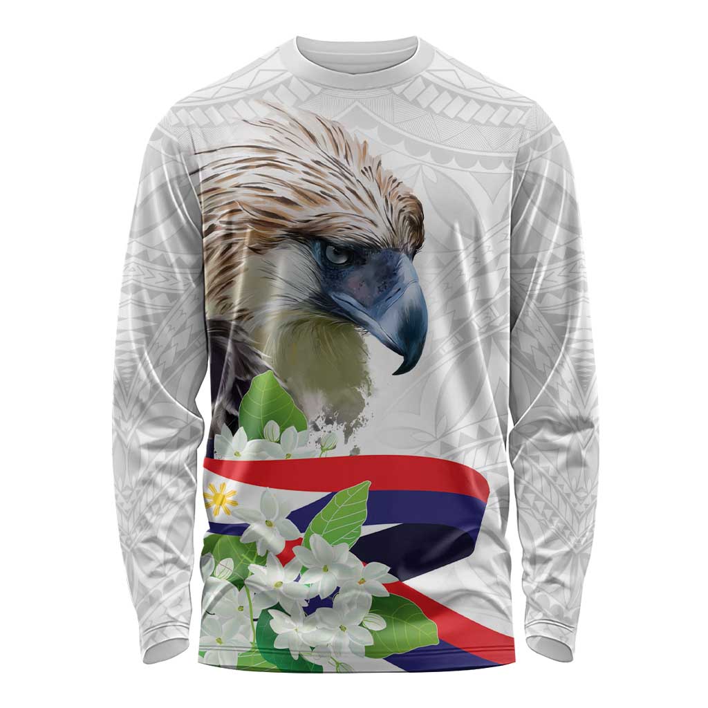 Philippines Eagle and Sampaguita Flowers Long Sleeve Shirt Polynesian Pattern - Wonder Print Shop