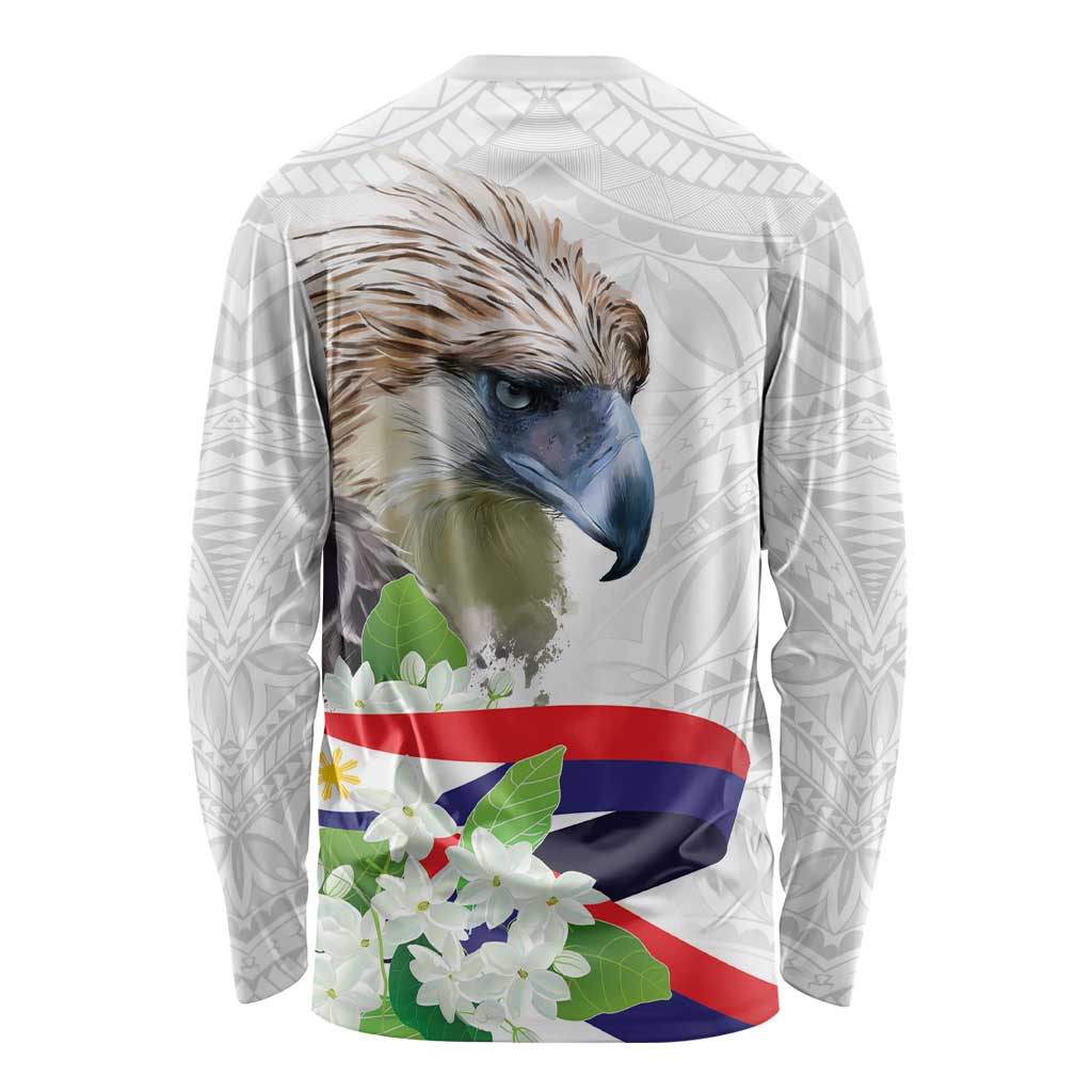 Philippines Eagle and Sampaguita Flowers Long Sleeve Shirt Polynesian Pattern - Wonder Print Shop