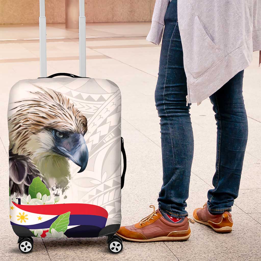 Philippines Eagle and Sampaguita Flowers Luggage Cover Polynesian Pattern - Wonder Print Shop