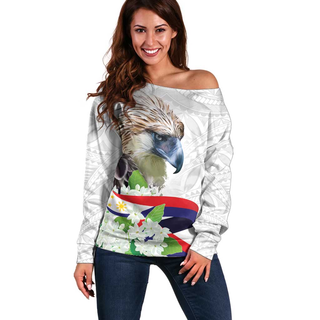 Philippines Eagle and Sampaguita Flowers Off Shoulder Sweater Polynesian Pattern - Wonder Print Shop