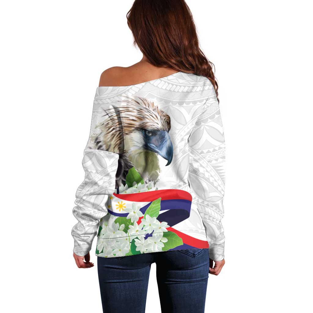 Philippines Eagle and Sampaguita Flowers Off Shoulder Sweater Polynesian Pattern - Wonder Print Shop