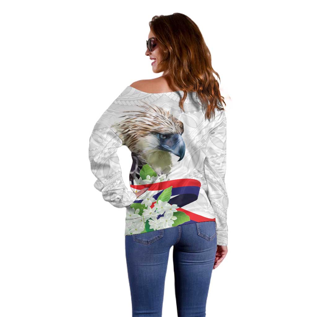 Philippines Eagle and Sampaguita Flowers Off Shoulder Sweater Polynesian Pattern - Wonder Print Shop