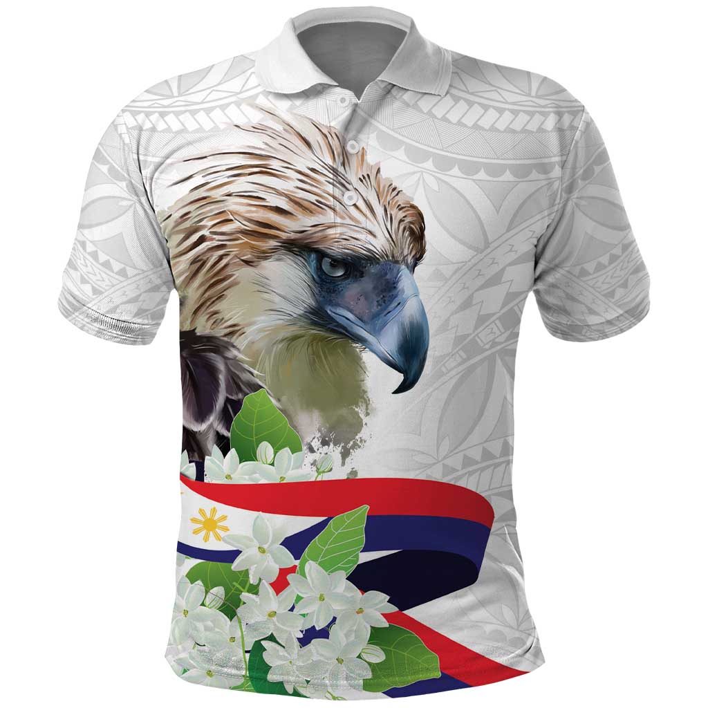 Philippines Eagle and Sampaguita Flowers Polo Shirt Polynesian Pattern - Wonder Print Shop