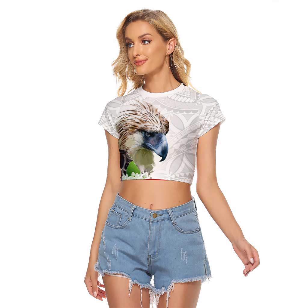 Philippines Eagle and Sampaguita Flowers Raglan Cropped T Shirt Polynesian Pattern - Wonder Print Shop