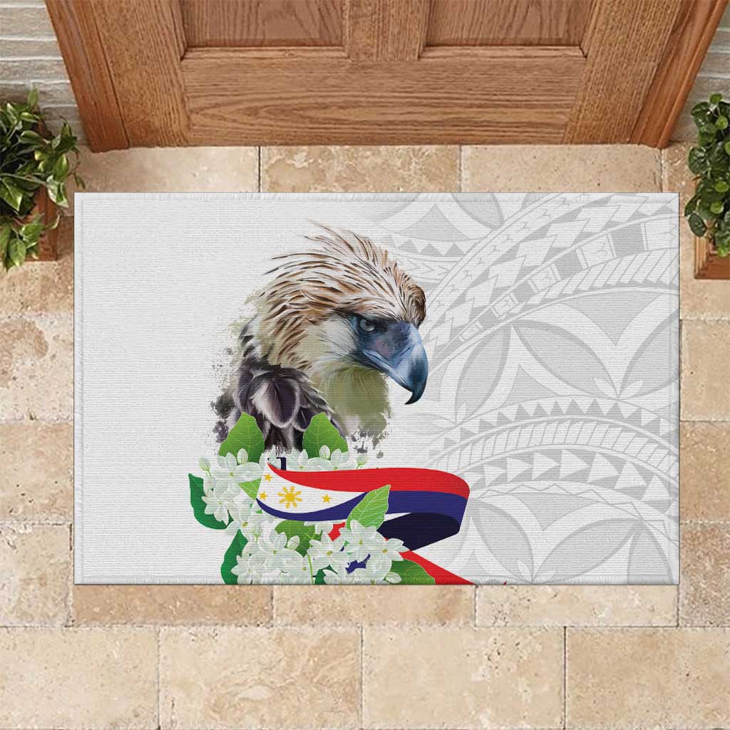 Philippines Eagle and Sampaguita Flowers Rubber Doormat Polynesian Pattern - Wonder Print Shop