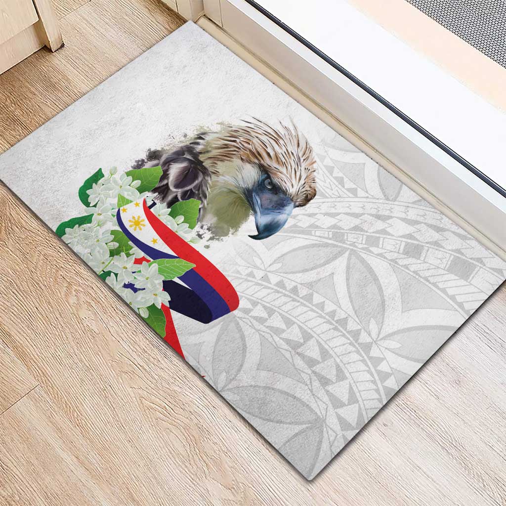 Philippines Eagle and Sampaguita Flowers Rubber Doormat Polynesian Pattern - Wonder Print Shop