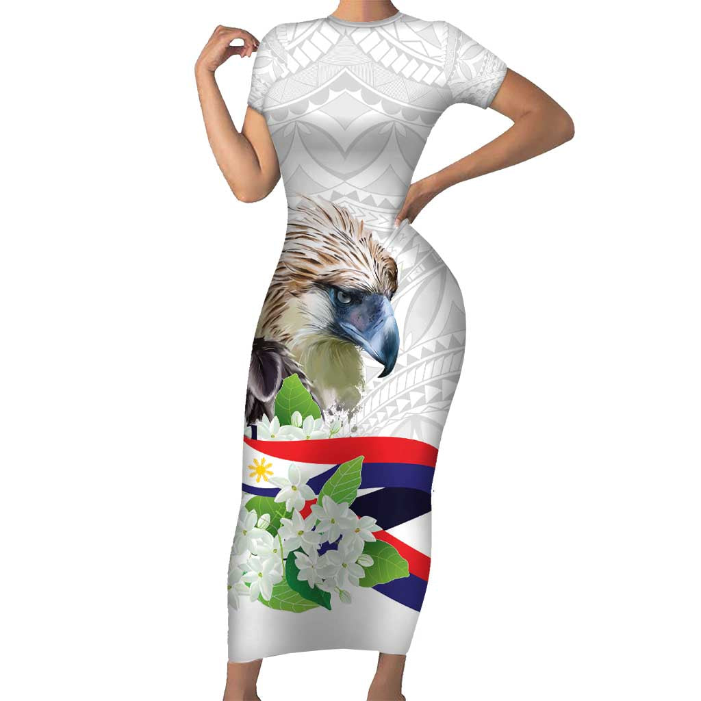 Philippines Eagle and Sampaguita Flowers Short Sleeve Bodycon Dress Polynesian Pattern - Wonder Print Shop