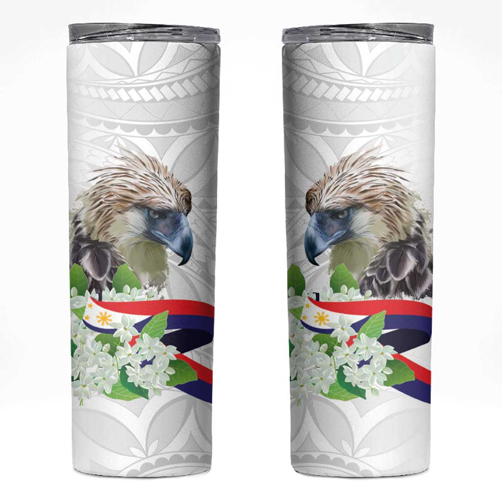 Philippines Eagle and Sampaguita Flowers Skinny Tumbler Polynesian Pattern - Wonder Print Shop