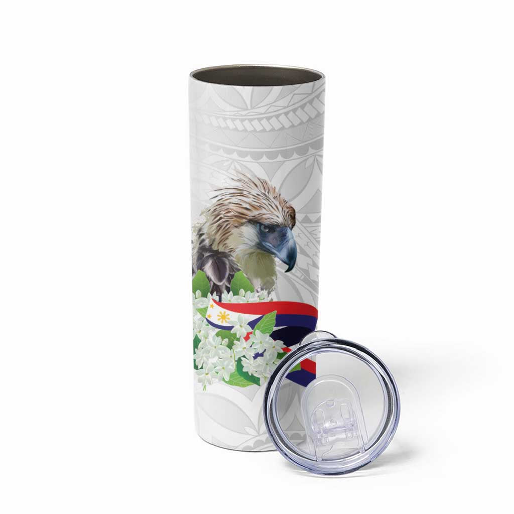 Philippines Eagle and Sampaguita Flowers Skinny Tumbler Polynesian Pattern - Wonder Print Shop