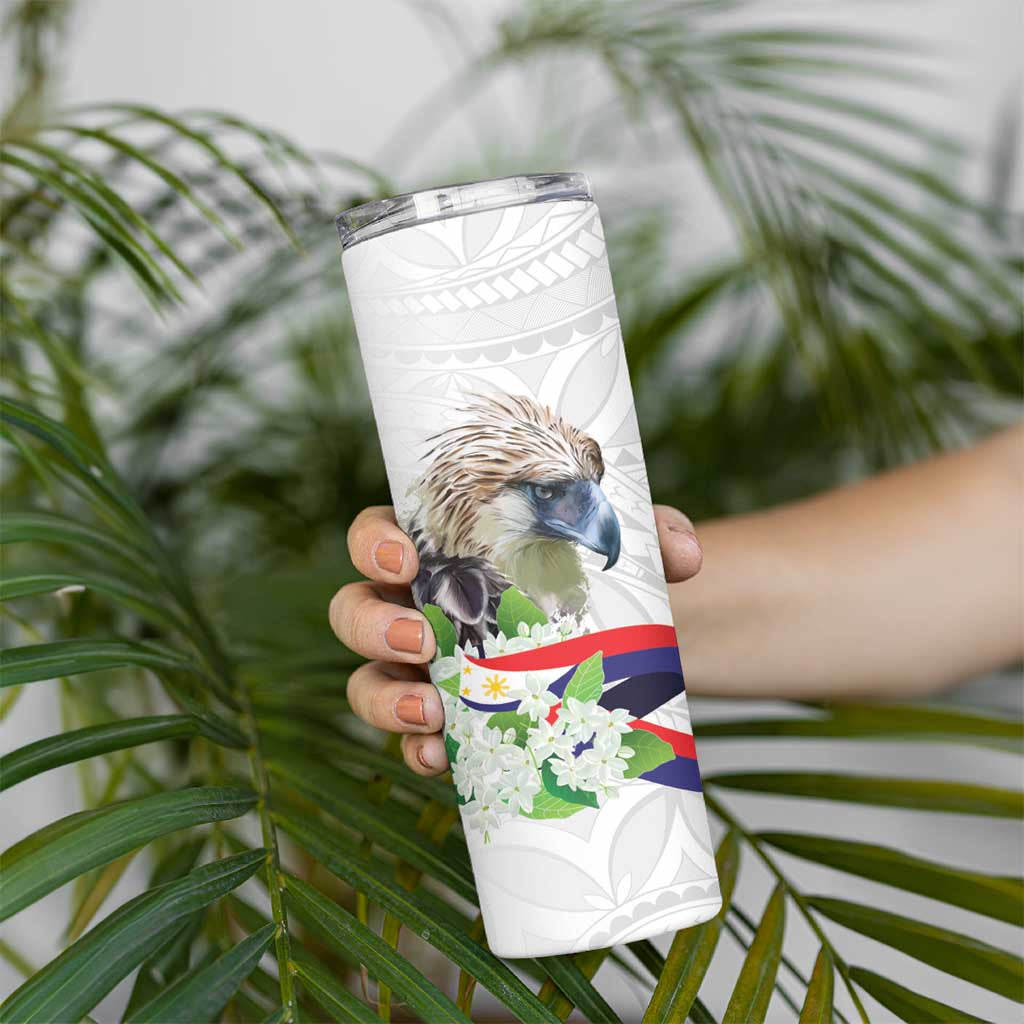 Philippines Eagle and Sampaguita Flowers Skinny Tumbler Polynesian Pattern - Wonder Print Shop