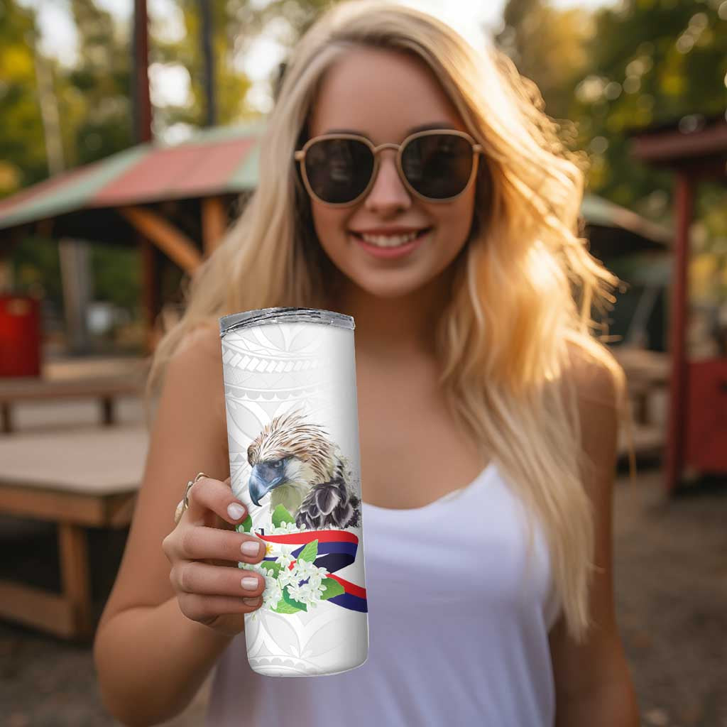 Philippines Eagle and Sampaguita Flowers Skinny Tumbler Polynesian Pattern - Wonder Print Shop