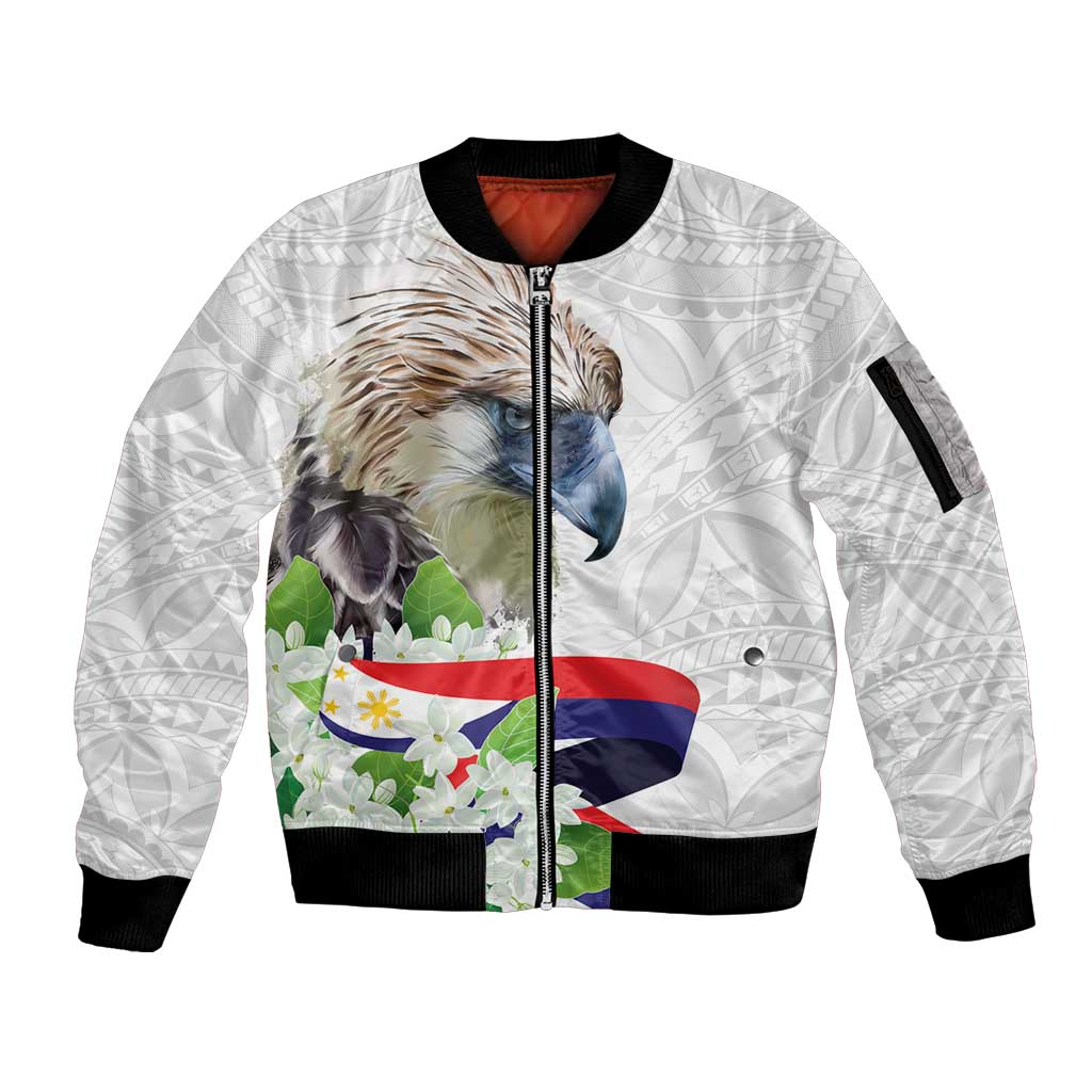 Philippines Eagle and Sampaguita Flowers Sleeve Zip Bomber Jacket Polynesian Pattern - Wonder Print Shop