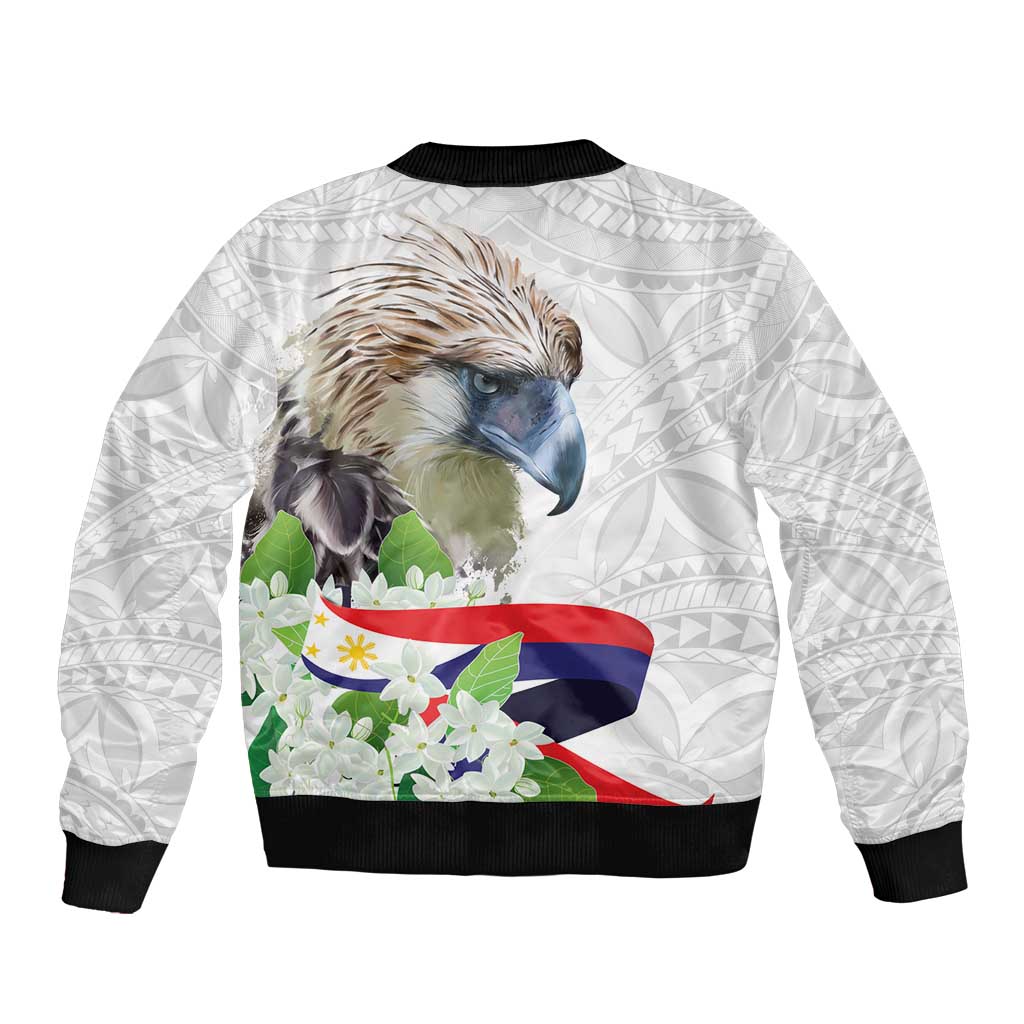 Philippines Eagle and Sampaguita Flowers Sleeve Zip Bomber Jacket Polynesian Pattern - Wonder Print Shop