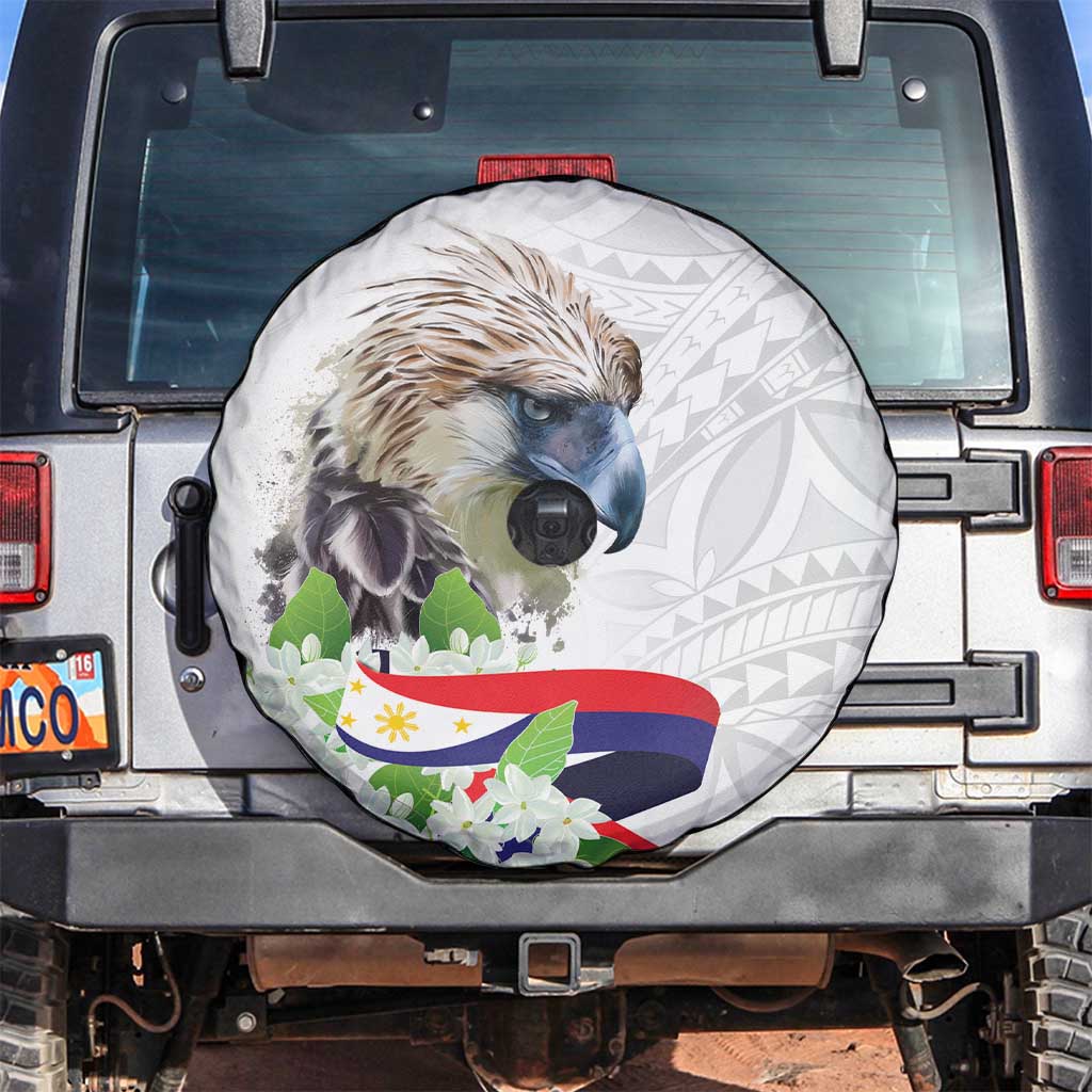 Philippines Eagle and Sampaguita Flowers Spare Tire Cover Polynesian Pattern - Wonder Print Shop