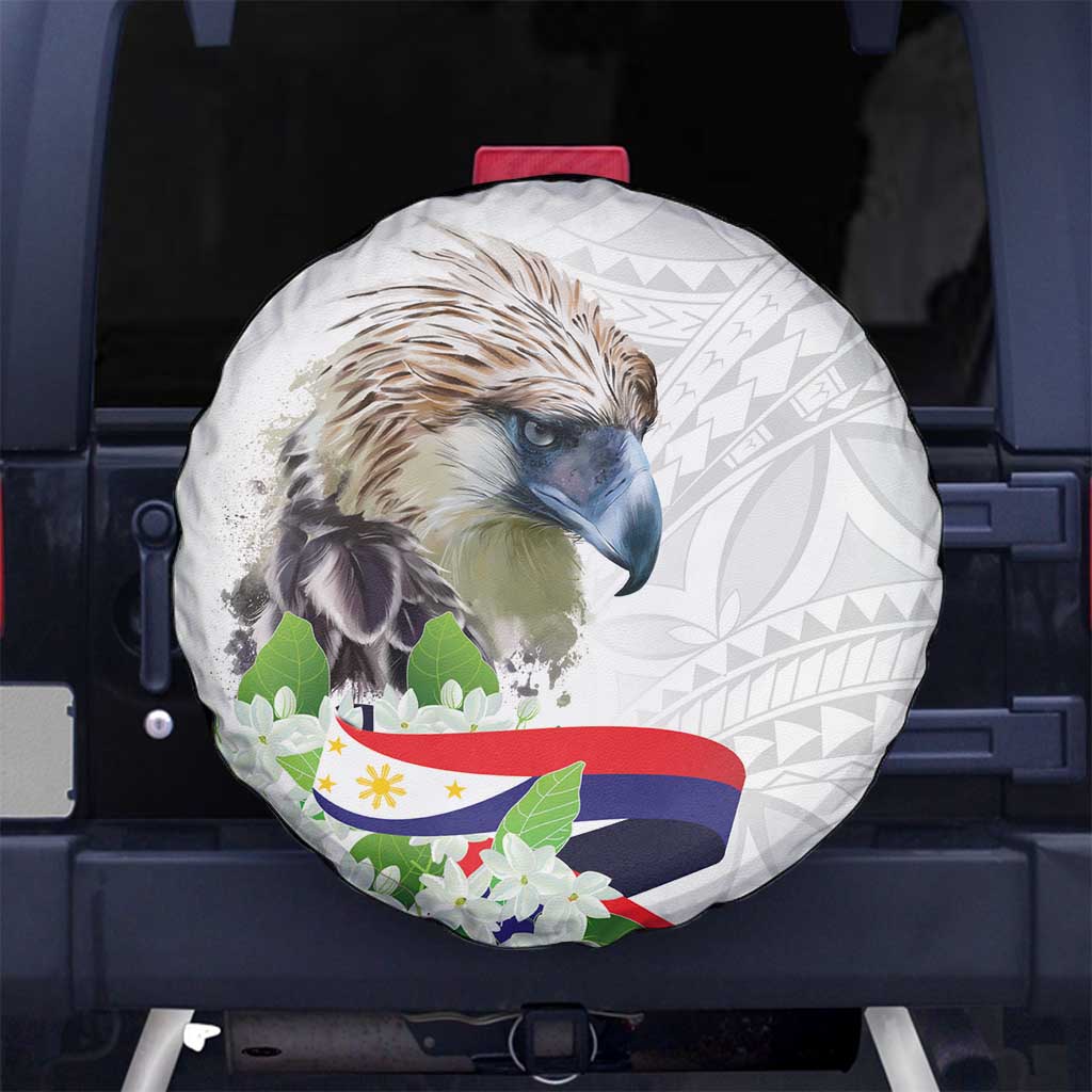 Philippines Eagle and Sampaguita Flowers Spare Tire Cover Polynesian Pattern - Wonder Print Shop