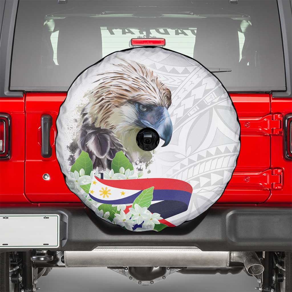 Philippines Eagle and Sampaguita Flowers Spare Tire Cover Polynesian Pattern - Wonder Print Shop
