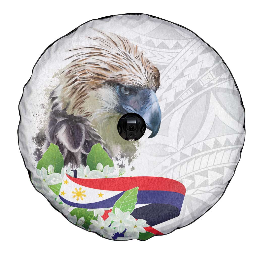 Philippines Eagle and Sampaguita Flowers Spare Tire Cover Polynesian Pattern - Wonder Print Shop