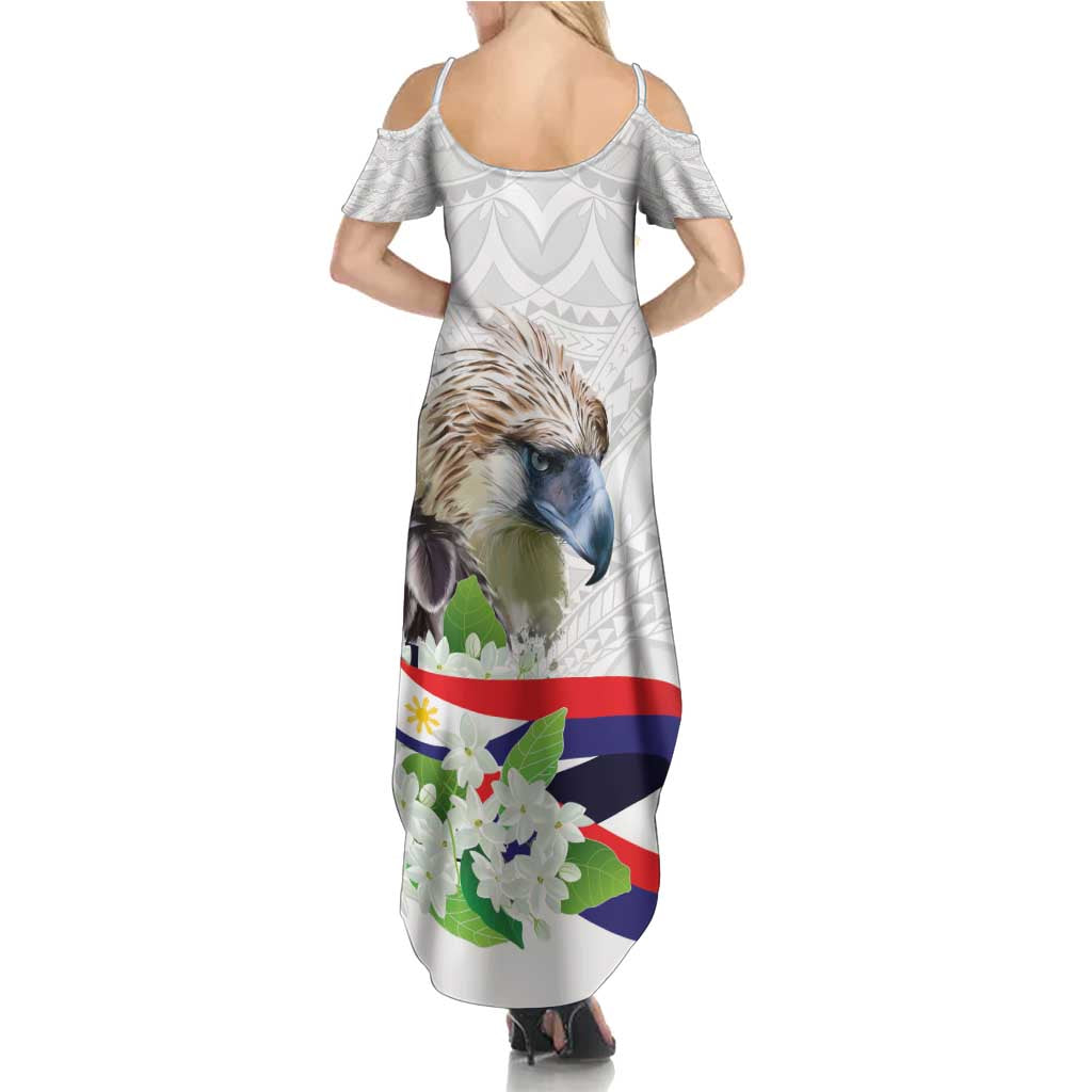 Philippines Eagle and Sampaguita Flowers Summer Maxi Dress Polynesian Pattern - Wonder Print Shop