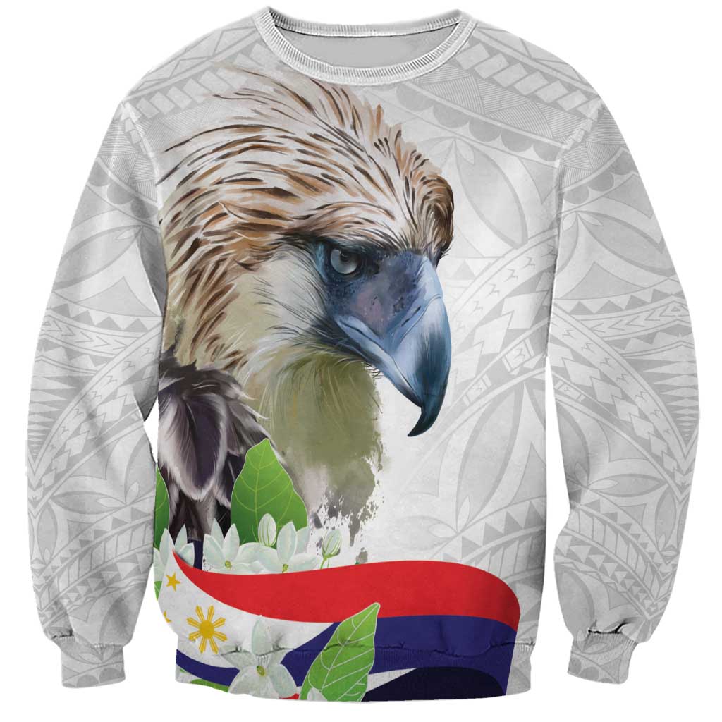 Philippines Eagle and Sampaguita Flowers Sweatshirt Polynesian Pattern - Wonder Print Shop