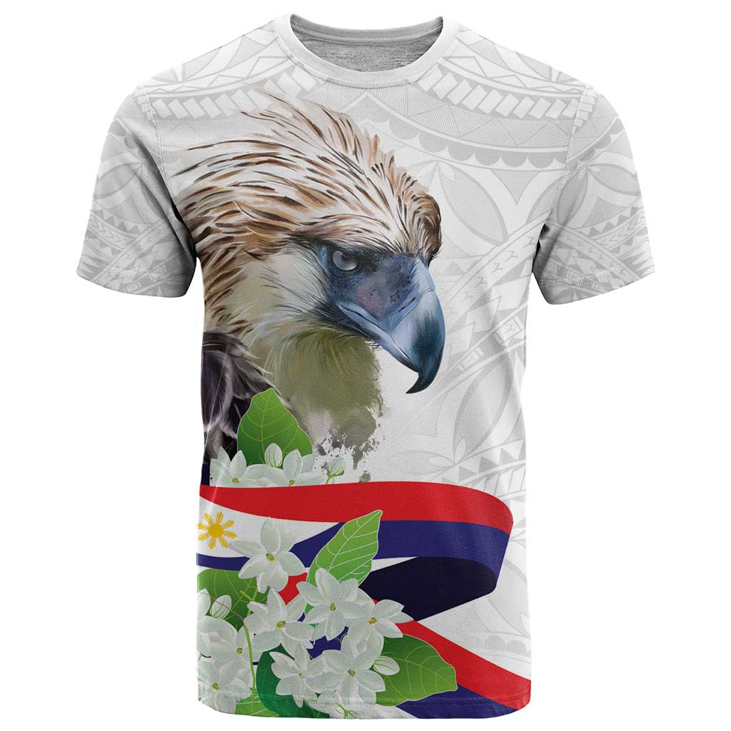 Philippines Eagle and Sampaguita Flowers T Shirt Polynesian Pattern - Wonder Print Shop