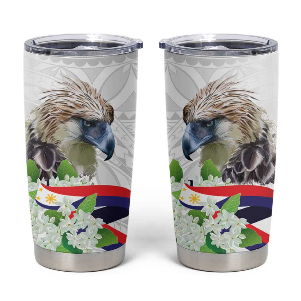 Philippines Eagle and Sampaguita Flowers Tumbler Cup Polynesian Pattern - Wonder Print Shop