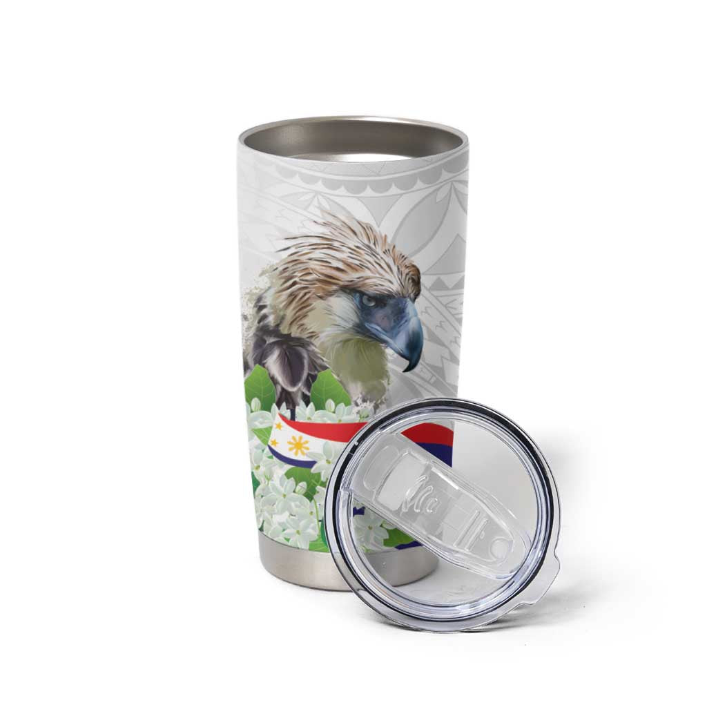 Philippines Eagle and Sampaguita Flowers Tumbler Cup Polynesian Pattern - Wonder Print Shop