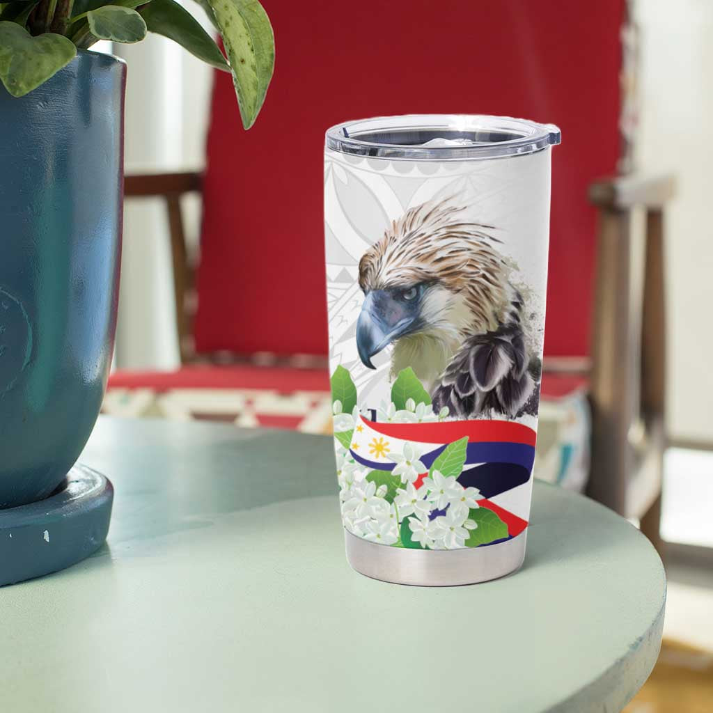 Philippines Eagle and Sampaguita Flowers Tumbler Cup Polynesian Pattern - Wonder Print Shop