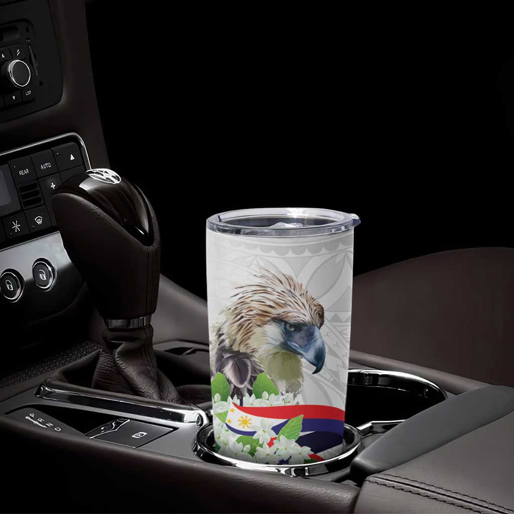 Philippines Eagle and Sampaguita Flowers Tumbler Cup Polynesian Pattern - Wonder Print Shop